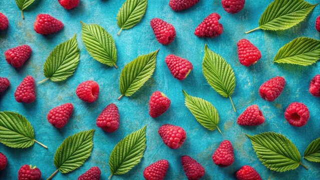 Raspberry leaf pattern on blue background with subtle texture and slight shading, leaf, background,  leaf, background
