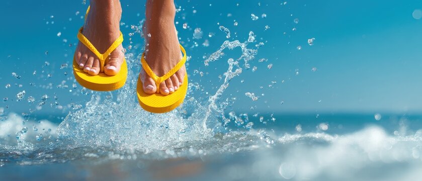 Legs wearing bright yellow flip-flops suspended over ocean waves