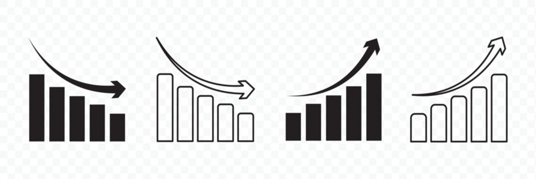 Up and down graph chart vector icon set. growth increase and decrease sign. upward or downward trend bar chart icon. vector illustration