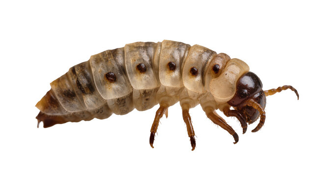 Brown and beige segmented grub larva with dark brown mandibles, isolated on transparent background