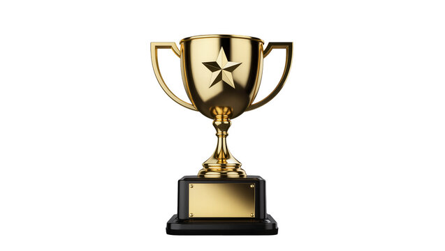 Golden trophy with star emblem and blank plaque, isolated on transparent background
