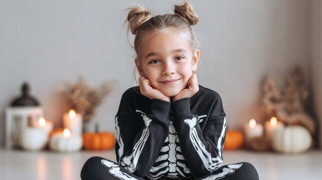 Young girl in a skeleton costume smiles during Halloween celebrations.