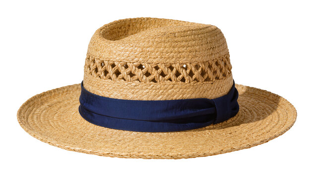 Woven straw fedora hat with navy blue ribbon band, isolated on transparent background