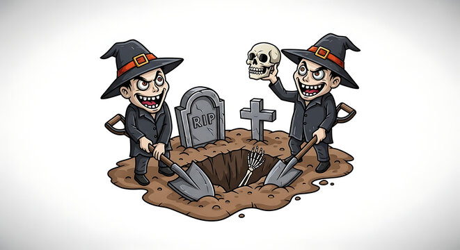 Cartoon illustration of two gravediggers with a tombstone and skull in a graveyard scene