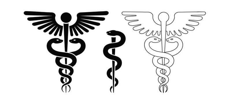 Caduceus symbols medical healthcare emblem snake staff wings icon set vector illustration for medicine pharmacy and health care branding