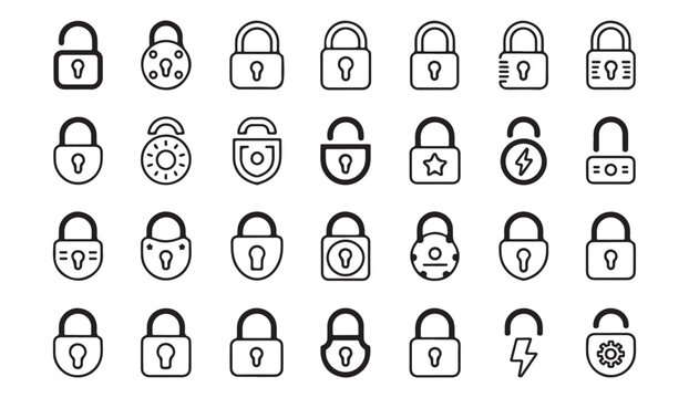Outline style lock icons collection for security concepts and interface design for web applications.