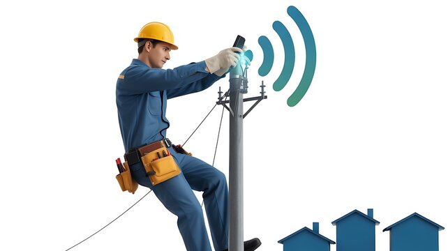 Worker installing wireless network antenna with signal icon concept on white background 