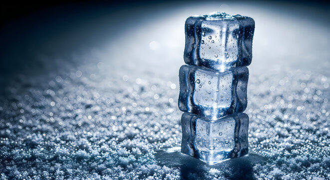 Stack of three glistening ice cubes with tiny water droplets sparkling on their surfaces under dramatic lighting