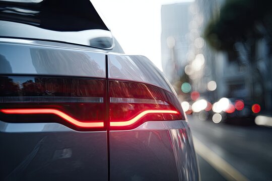 A close-up shot showcases the sleek, illuminated taillight of a modern car against a blurred backdrop of city traffic, highlighting its design and technological features.