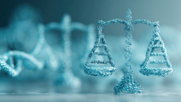 Intricate DNA-patterned scales of justice represent genetic law and bioethics
