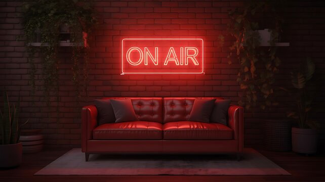 Modern studio interior with red sofa and neon on air sign glowing in dark room 