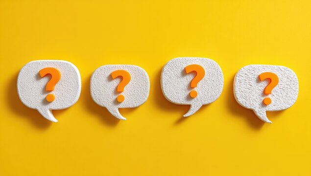 A vibrant yellow background showcases four white speech bubbles, each containing a bright orange question mark, symbolizing curiosity and inquiry.