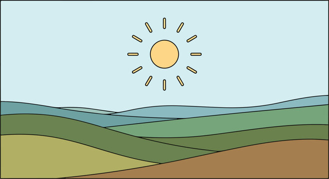 A simple landscape with rolling hills and a sun