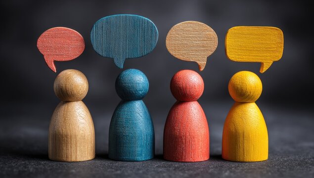 Four wooden figures stand in a row against a dark background, each topped with a differently colored speech bubble, symbolizing communication and dialogue.