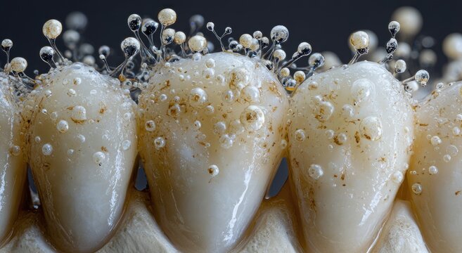 Close-up of teeth with growing organisms and bubbles
