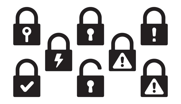 Black lock icons with warning signs, power, checkmark, and open lock on transparent background.