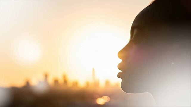 Silhouette of a woman's face against a golden sunset and blurred skyline view