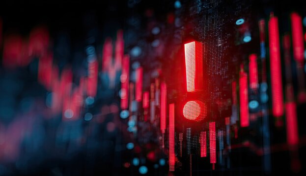 A striking abstract image features a prominent red exclamation point overlaid on a dynamic background of vertical red and blue lines, conveying a sense of urgency and warning.