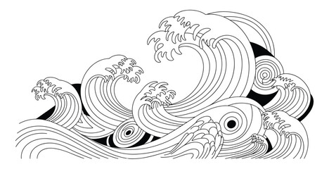 Fototapeta premium Wave of Serenity: An artistic display of dynamic waves, rendered in elegant lines. This monochromatic artwork captures the raw power and beauty of the ocean's dance. 