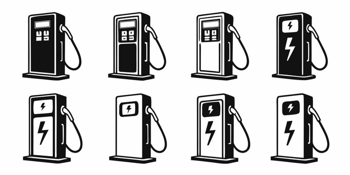Electric vehicle charger icons set featuring lightning bolt symbols in monochrome design electric lightning monochrome charging transport infrastructure sustainable electricity technology