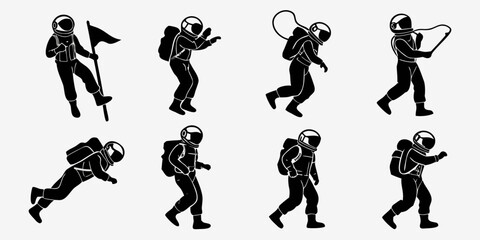 Astronaut character silhouette set displaying varied space actions and poses with astronaut silhouette cosmonaut exploration spaceman character collection activity movement floating research © MST CHIN BANU BEGUM
