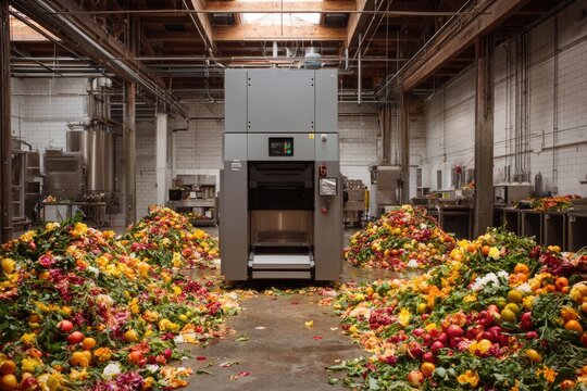 A large industrial food waste processing machine stands amidst a vibrant pile of discarded fruits and vegetables within a sprawling, utilitarian facility.