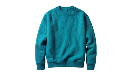 Teal blue crewneck sweatshirt with ribbed cuffs and hem, isolated on transparent background © Carlos