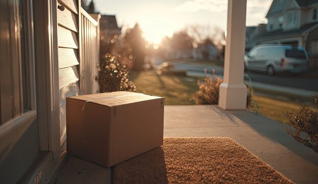 A cardboard box sits on a porch, awaiting collection, bathed in the warm glow of the setting sun.