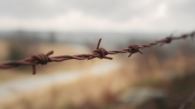 Restricted Passage Barbed Wire Fence Across a Bleak Landscape Symbolizes Isolation and Protection