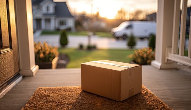 A cardboard delivery box sits on a doormat in front of a suburban home at sunset, with a delivery van visible in the background.