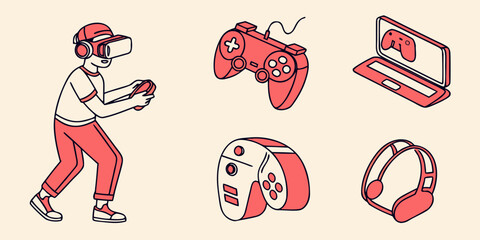 Collection of modern gaming illustrations featuring a person wearing a virtual reality headset and headphones along with game controllers a laptop with a gamepad on screen audio gear video game © MST CHIN BANU BEGUM