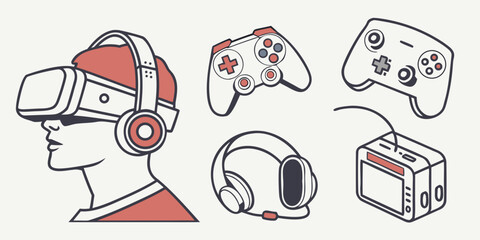 Detailed illustration of a gamer wearing a vr headset and communication headphones with various peripherals including wireless controllers a gaming computer case a second headset video game © MST CHIN BANU BEGUM
