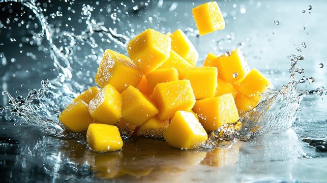 Mango dice bounce dynamic sequence cubed fruit water splash motion blur culinary photography stainless steel surface ingredient movement natural physics
