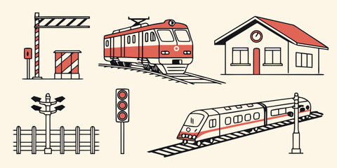 Railway transportation and train station icons set with transportation crossing locomotive infrastructure platform building illustration elements collection isolated background movement © MST CHIN BANU BEGUM