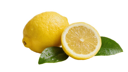 Whole and halved fresh yellow lemons with green leaves, isolated on transparent background