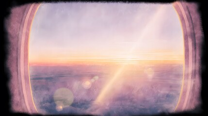 Fototapeta premium Warm Sunset Airplane Window Serene Travel Illustration Gentle Light Peaceful Sky Gradient Artistic Watercolor Design