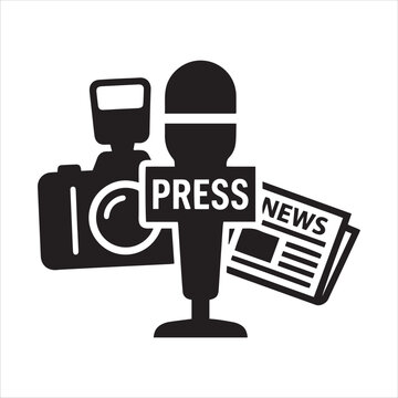 Journalism and Media Concept Icon Set with Microphone, Camera, and Notebook