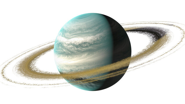 Turquoise gas giant planet with swirling golden and black rings, isolated on transparent background