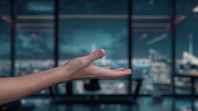 A human hand reaches out towards a digital updating progress bar, showcasing technology icons in a sleek modern office setting. The video represents innovation and growth. Auvana