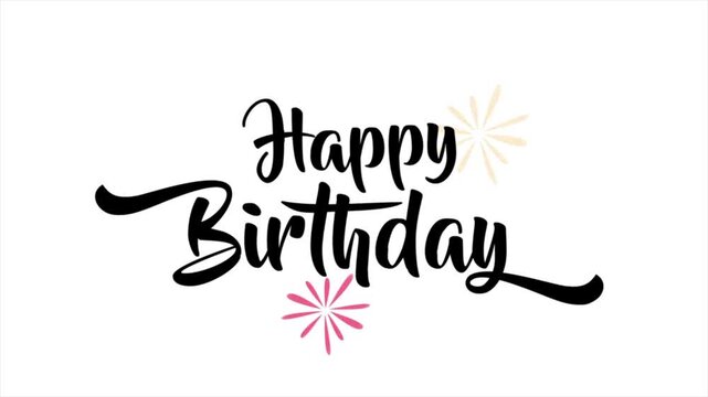 Colorful happy birthday text animation with fireworks elements, festive celebration greeting design, modern typography style for party invitation, social media, and event video background