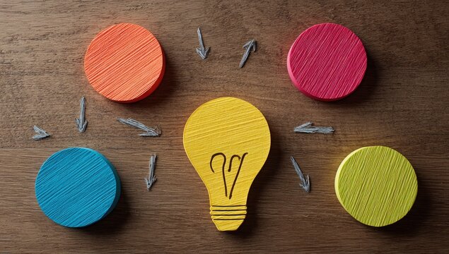 A creative concept showcasing a central lightbulb surrounded by colorful wooden circles connected by arrows, symbolizing innovation and interconnected ideas on a rustic wooden surface.