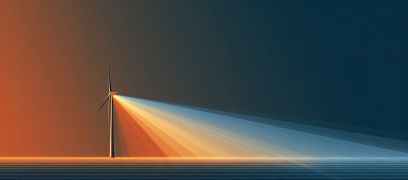 A solitary wind turbine stands silhouetted against a vibrant, layered sky, radiating beams of light across a calm, dark body of water, creating a striking and surreal landscape.
