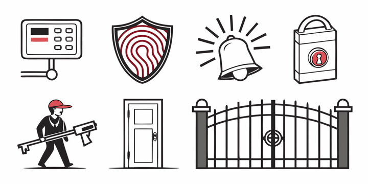 Security system icons set including digital surveillance camera shield with biometric print alarm bell padlock security guard holding key and secure gate security surveillance fingerprint identity