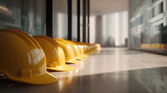 Modern construction safety teamwork concept showcasing order professionalism in a bright office corridor