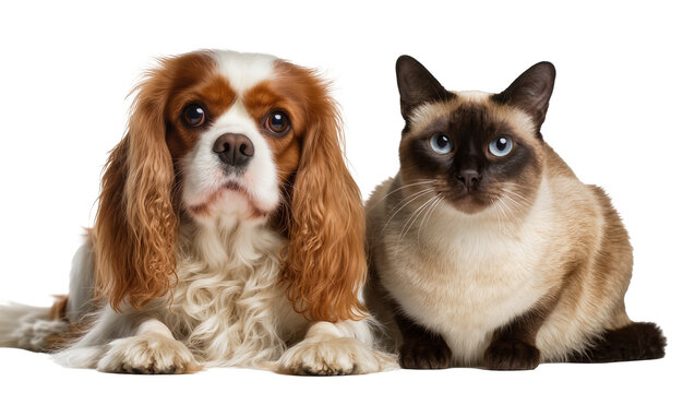 Cavalier King Charles Spaniel and Siamese cat sitting together, isolated on transparent background