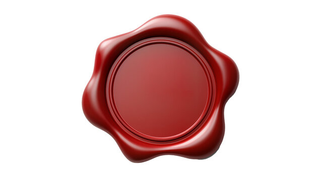 Glossy red wax seal with embossed circle, isolated on transparent background