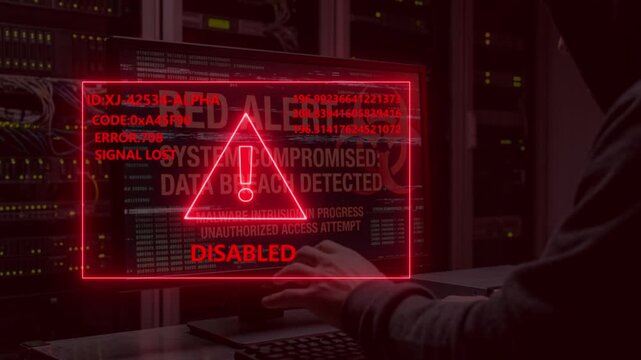 Hacker attacking server data center with red security alert system compromised message on screen