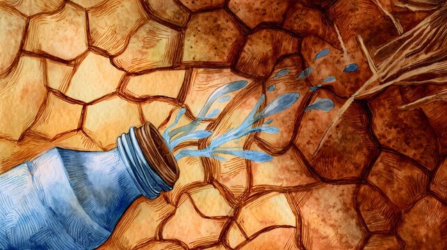 Water scarcity illustration depicts drought cracked earth and precious blue droplets released slowly