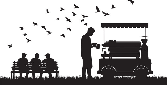 Black silhouette city scene, people sitting on bench, man with food cart, birds flying