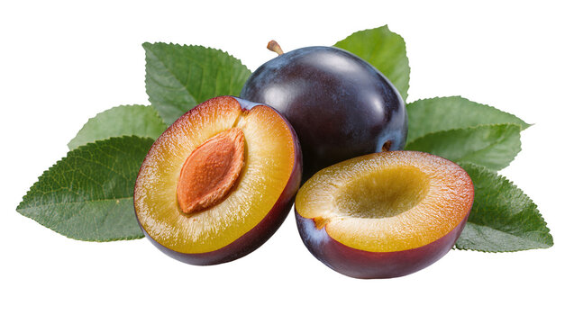 Whole and halved ripe plums with green leaves, isolated on transparent background